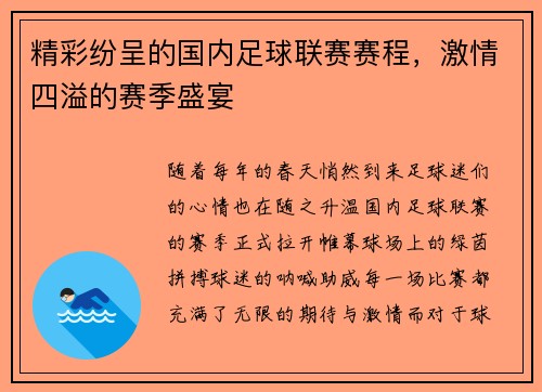 精彩纷呈的国内足球联赛赛程，激情四溢的赛季盛宴