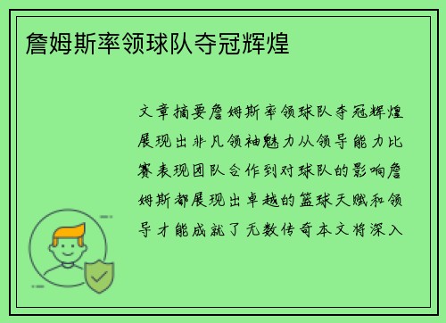 詹姆斯率领球队夺冠辉煌